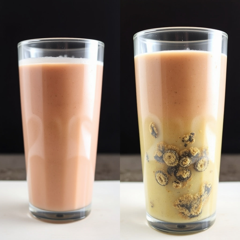 Left side is an image of a new smoothie, the right side is the same smoothie several months later.